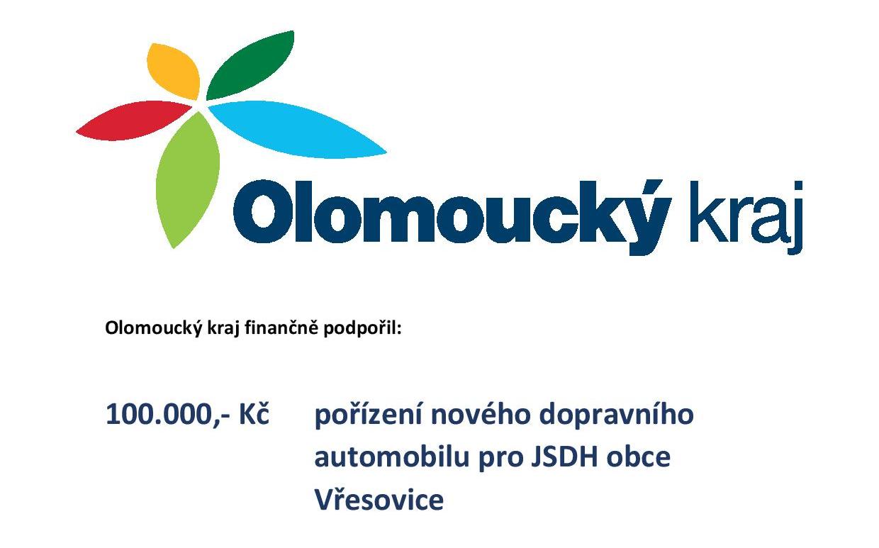 Olomoucký kraj finančně podpořil pořízení nvého dopravního automobilu pro JSDH obce Vřesovice